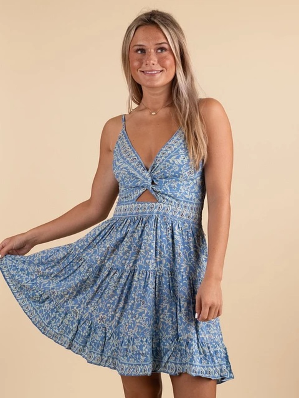 Angie Blue Floral Smocked Tiered Dress with Front Twis size M